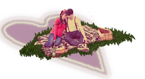 love and relationships: man and woman snuggle on a picnic blanket with a heart outline around them. 